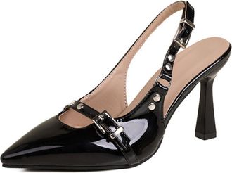 Generic Womens High Heeled Wedding Pumps with Buckle Patent Leather Dress Shoes Pointed Toe Slingback Evening Party Prom Sandals,Black,8.5 UK
