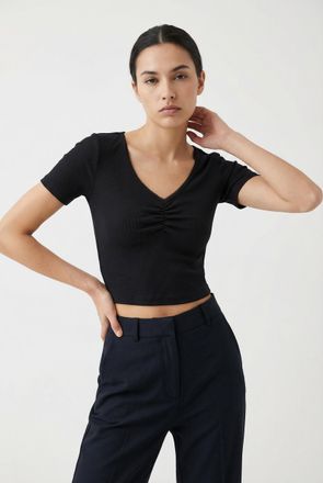 Only Kurzarmshirt ONLY ONLBETTY LIFE S/S SCALLOP V-NECK CC JRS, Damen, Gr. XL, schwarz, Jersey, Obermaterial: 95% Baumwolle, 5% Elasthan, unifarben, h&uuml;ftla