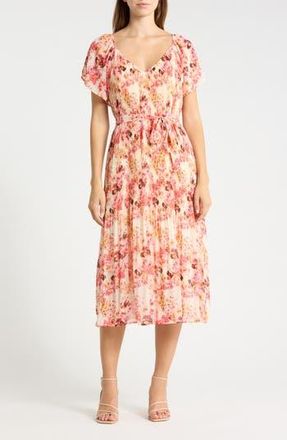 Ichi Floral Print Tie Waist Dress in Calypso Coral at Nordstrom Rack, Size 10 Us / 42 Eu