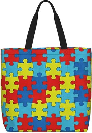 Generic Women Handbag Color Puzzle Autistic Disorder Pattern Women Beach Bag Casual Girls Shoulder Bags, For Swim, Wedding, Graduation, Daily, Birthday