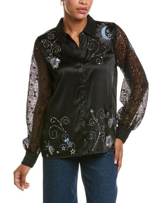 Johnny Was Vanti Embroidered Lace Silk-Blend Shirt