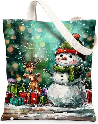 Generic Christmas Snow Man Canvas Tote Bags, Winter Holiday Design Reusable Grocery Bags, Vintage Lightweight Washable Shoulder Str, Multicolor, 13x15 Inch