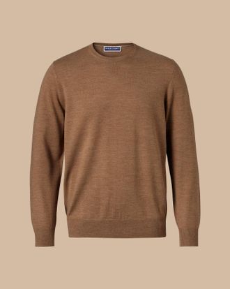 CHARLES TYRWHITT Merino Crew Neck Wool Jumper - Sand Size Medium by Charles Tyrwhitt