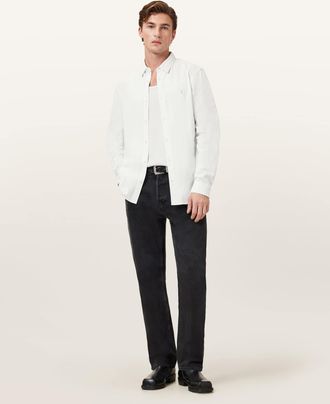 AllSaints Mens Cotton Lovell Long Sleeve Ramskull Shirt, Size: XXL