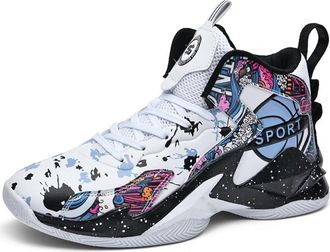 Generic Mens Fashionable Basketball Shoes High top Graffiti Anti Slip Casual Sports Training Boots Walking Shoes(White,3.5 UK)