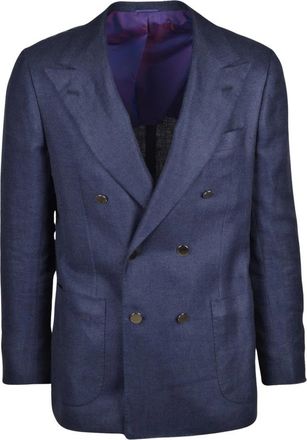 Kiton Double-Breasted Jacket - Heren - Blazers - Blauw - L - Katoen - Jassen