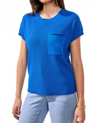 Tribal Dolman Short Sleeve Ribbed Knit Top In Turkish Sea