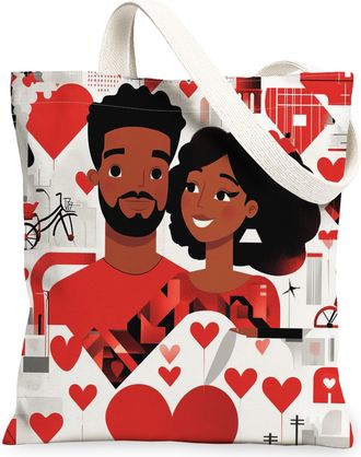 Generic Romantic Valentines Day Canvas Tote Bag for Shopping 13x15, Abstract African American Couple Reusable Grocery Print Bag for Women, Lover Beach Aesthet