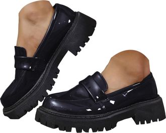 Generic Womens Platform Chunky Heeled Loafers Business Casual Work Shoes Dressy Fashion Comfortable Slip On Loafers for Women Lug Sole Round Toe Low Heel Leat