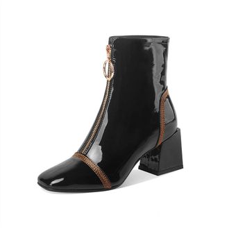 TinaCus Womens Patent Leather Square Toe Handmade Front Zipper Mid Chunky Heels Trendy Ankle Boots, Black, 10.5