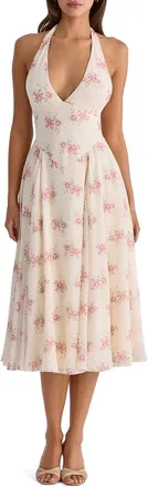 House of CB Solada Floral Halter Midi Dress in Ivory Vintage Rose Print at Nordstrom, Size X-Large