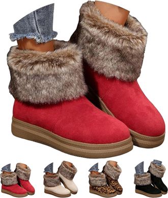 Generic Womens Plush-Lined, Warm, Thick-Soled, Comfortable Cotton Boots, Retro Furry Round Toe Anti-Slip Snow Boots Women (Red, M, Adult, Women, 7.5, Numeric,