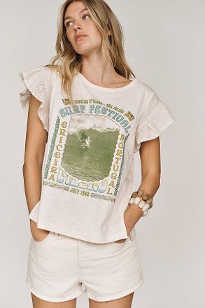 Pilcro Cotton Ruffle Sleeve Graphic Muscle Tee