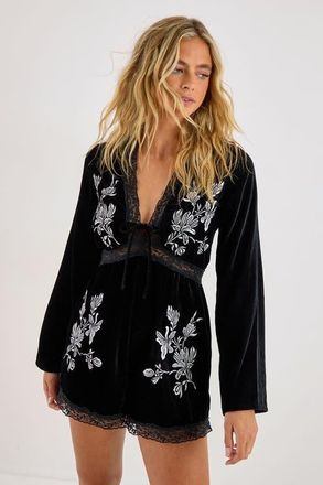 NASTY GAL Velvet Embroidered Lace Trim Romper in Black at Nordstrom, Size 2