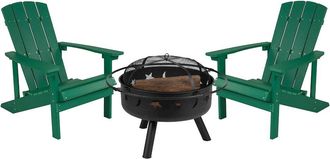 Flash Furniture 3 Piece Green Poly Resin Wood Adirondack Chair Set with Fire Pit