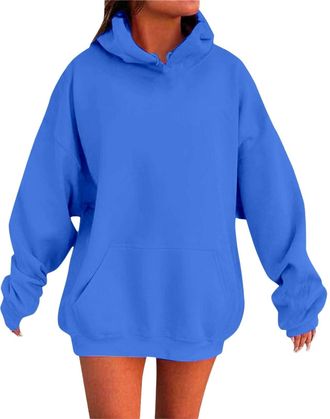 Generic OUMSHBI Oversized Hoodies For Women With Pockets Thin Fleece Lined Hooded Sweatshirts Raglan Long Sleeve Solid Color Pullover Tops Autumn Winter Outwe