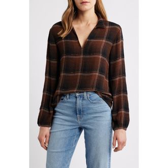 Cloth & Stone Plaid Popover Top in Hickory Brown Plaid at Nordstrom, Size X-Small