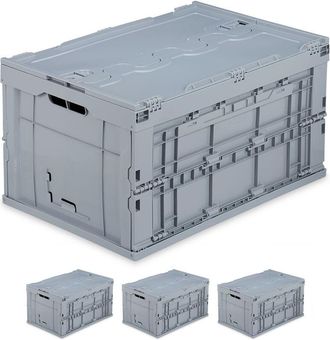 Relaxdays Relaxdays - 4x Cassetta Pieghevole, Stabile, da Lavoro, Plastica Resistente, Scatola Portaoggetti 60L, hlp 32,5x58,5x39,5cm, Grigio