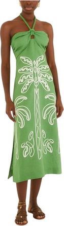 Farm Rio Abito Midi con Scollo allAmericana e Ricami di Palme - - Dresses - Donna - Verde - M