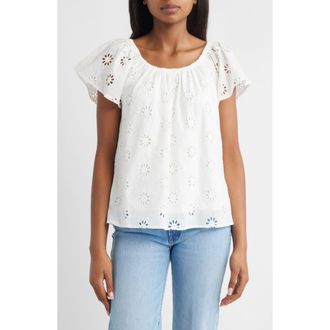 Bobeau Eyelet Cotton Peasant Top in White at Nordstrom, Size X-Large