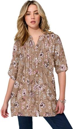 Roaman's Pintuck Tunic Blouse Y-Neck & Roll-Tab Sleeves in Brown Delicate Batik at Nordstrom, Size 40