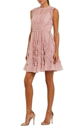 Mac Duggal Sleeveless Ruffle High Neck Mini Dress in Rose at Nordstrom, Size 12