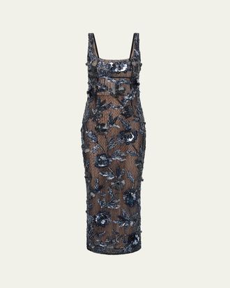 Rachel Gilbert Pierre Strap Beaded Column Midi Dress