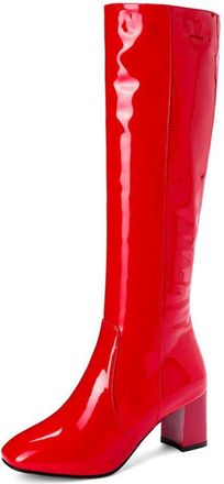 Generic MiaZane Womens Patent Leather Knee High Boots Block Heel Glossy Finish Fashion Statement Footwear for Party Streetwear and Fall Winter Outfits,Red,4.5