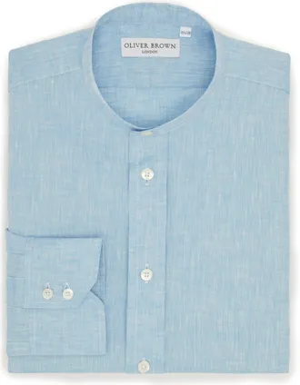 Oliver Brown Organic Collarless Linen Shirt - Sky Blue