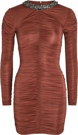 New Arrivals Ross Embellished Ruched Stretch-jersey Mini Dress - Brown - 38 (UK10 / S)