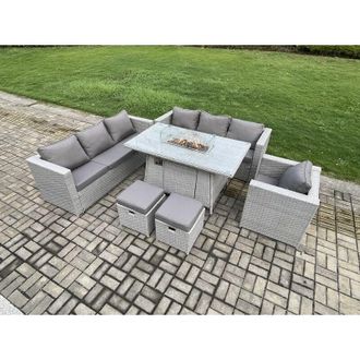 Fimous 9 Seater Outdoor Garden Dining Sets Rattan Furniture Gas Fire Pit Dining Table Gas Heater with Armchair 2 Small Footstools Light Grey - Fimous