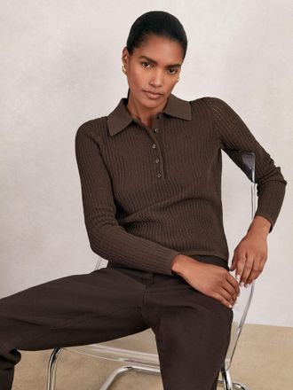 Reiss India Chocolate Brown Open-knit Long-sleeve Polo Top, M, Dark