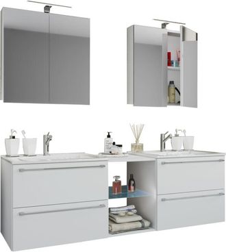 VCM 3 Pcs Set 2 Lavabo, 2 Gabinete Espejo, 2 Lavabo, 1 Compartimento Medio Lavabo Cer&aacute;mico Gabinete Inferior 155 Cm Mueble De Ba&ntilde;o Set Doble Lavadero - Ba