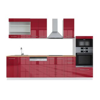 Vicco Mueble De Cocina Fame-line, Burdeos Brillo Intenso/blanco, 300 Cm Con Armario Alto, Et Roble
