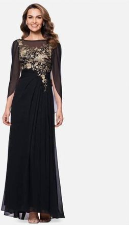 Betsy & Adam Metallic Embroidered Evening Dress In Black/gold