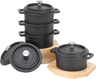 MegaChef 4Pc Cast Iron 8Oz Mini Dutch Oven With Wood Tray