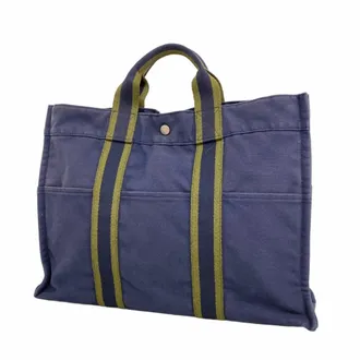 Herm&egrave;s Moss Green Navy Canvas Tote Bag (Pre-Owned)
