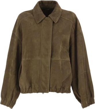 Brunello Cucinelli Suede Bomber Jacket - Dames - Leren en Su&egrave;de Jassen - Groen - M - Leer - Jassen