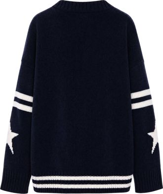 Max Mara Womens V-Neck Wool Cardigan With Star Intarsia Navy Blue Virgin Cardigans Sweater