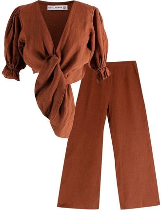 Faithfull The Brand Faithfull The Brand Brown Tie Front Linen Top and Wide Leg Trouser Set Size XS