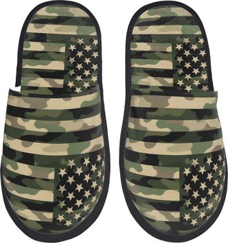 Generic Cotton Slippers Green Camo Usa Flag Breathable Slippers Cozy Anti-Slide Slipper For Holiday Home Hotel L