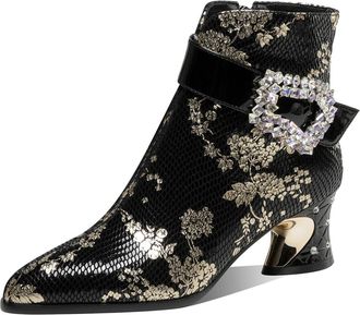 TinaCus Womens Rhinestone Buckle Pointed Toe Genuine Leather Handmade Mid Heel Side Zip Floral Ankle Boots, Black, 8 UK
