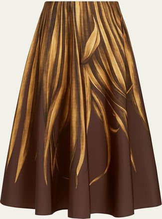 Oscar De La Renta Palm-Print Faille Midi Skirt