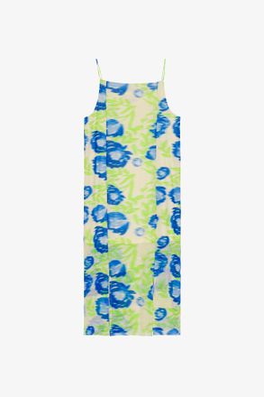 Ganni Blue Printed Mesh Slip Dress - Size 8/10 Recycled Nylon