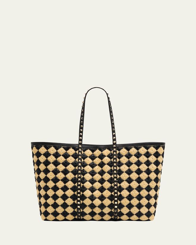 Valentino Garavani Rockstud Embroidered Raffia Shopping Tote