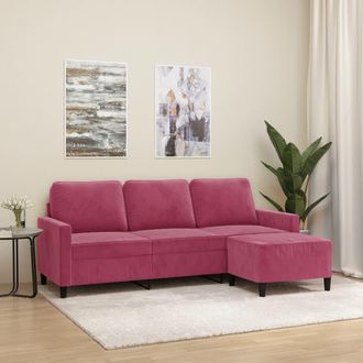 vidaXL Vidaxl - Sof&aacute; De 3 Plazas Con Taburete De Terciopelo Rojo Tinto 180 Cm