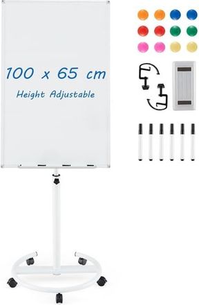 Costway Costway - Pizarra M&oacute;vil 100x65 Cm, Pizarra Blanca Magn&eacute;tica Ajustable Altura Y Ruedas, Pizarra Blanca Con Clips De Papel Y Bandeja, Bloc De Notas De 2