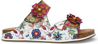 Laura Vita Laura Vita Womens Brcyano 32 White Floral Leather Strappy Slipper Sandals - Beige - Size EU 42