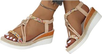 Generic Bohemian Beach Sandals for Women 2026,Platform Sandals Women Summer Dressy,Rhinestone Beaded Elastic Ankle Strap Flip Flops Open Toe Summer Beach Flat
