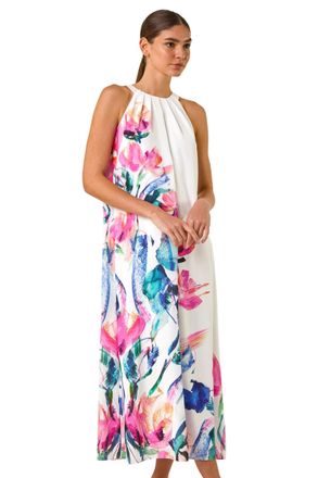 Roman Womens Floral Placement Halter Neck Midi Dress - Pink - Size 20 UK